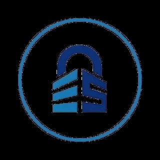 Blue house lock icon inside a circular border on black background