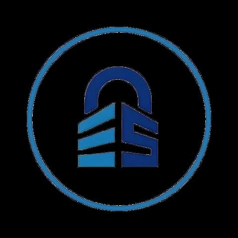 Blue house lock icon inside a circular border on black background